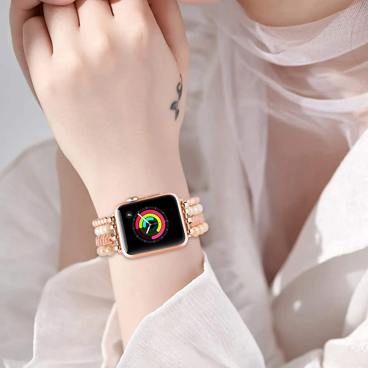 Beaded Compatible Apple Watch Band 38 40 41 42 44 45mm for Women, iWatch Series SE 9 8 7 6 5 4 3 2 1 Handmade Elastic Band