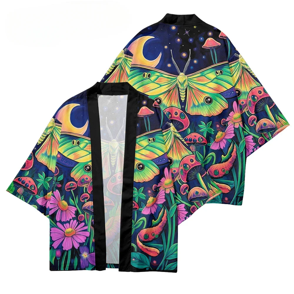 

Юката, пляжное кимоно, одежда, новый дизайн, цветной кардиган с принтом грибов и бабочек, хаори, традиционный костюм унисекс, рубашка