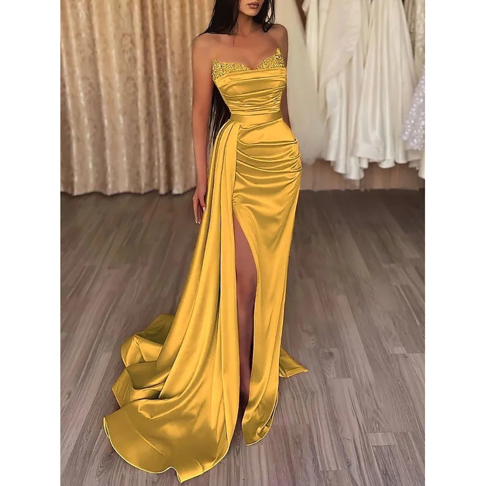 

Gorgeous Sweetheart Sleeveless Cystal Applique Mermaid Floor Length Women Evening Gown Side Split Overskirt Banquet Custom