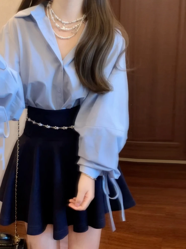 

2024 Autumn New Women Two Piece Skirt Sets Elegant Long Sleeve Blue Shirt Tops + High Waist Slim A Line Mini Skirt Outfits