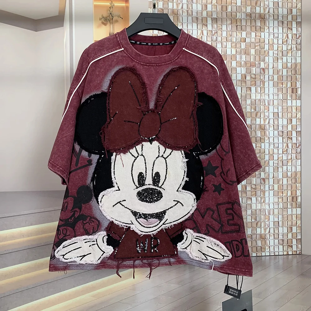 

plus Size Heavyweight Cute Patchwork Cartoon T-Shirt Loose Short Sleeve Fashionable Anti-Aging Top for Young at Heart