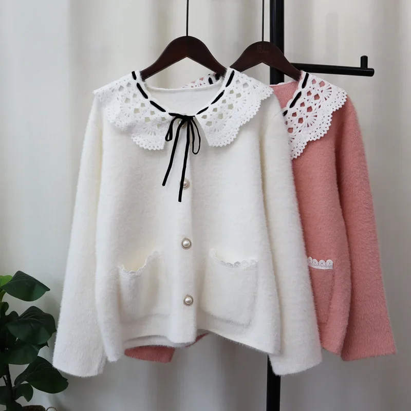 

Coats Women Cardigan Sweaters Lace Single Breasted Coat Elegant Splice Jacket Peter Pan Collar Jumpers Knitted Autumn 2024