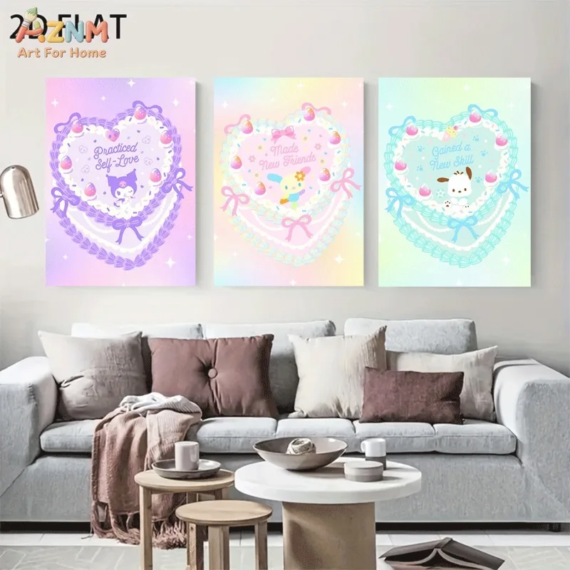 AZNM Unframed Canvas Wall Art Kuromi Usahana Pochacco Heart Cake Quote Sanrio Cartoon Poster Pastel Kawaii Print Girls Bedroom