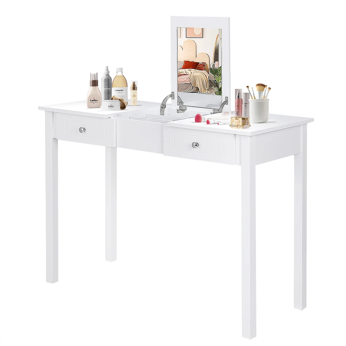 

Vanity Table Dressing Table Flip Top Desk Mirror 2 Drawers Furniture White