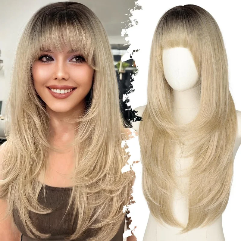

Women's wig with bangs, long wavy synthetic , body wave hair