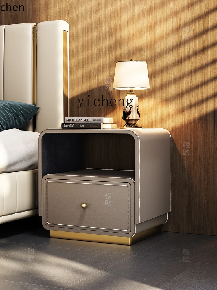 

PYH minimalist bedside table saddle leather villa home bedroom light luxury high-end solid wood bedside table