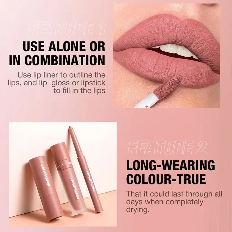 3 STKS Matte Lippenstift Set Naakt Bruin Fluwelen Vloeibare Lipgloss Waterdichte non-stick Cup Lip Liner Voller 24HR Blijvend Niet Gemakkelijk Vervagen