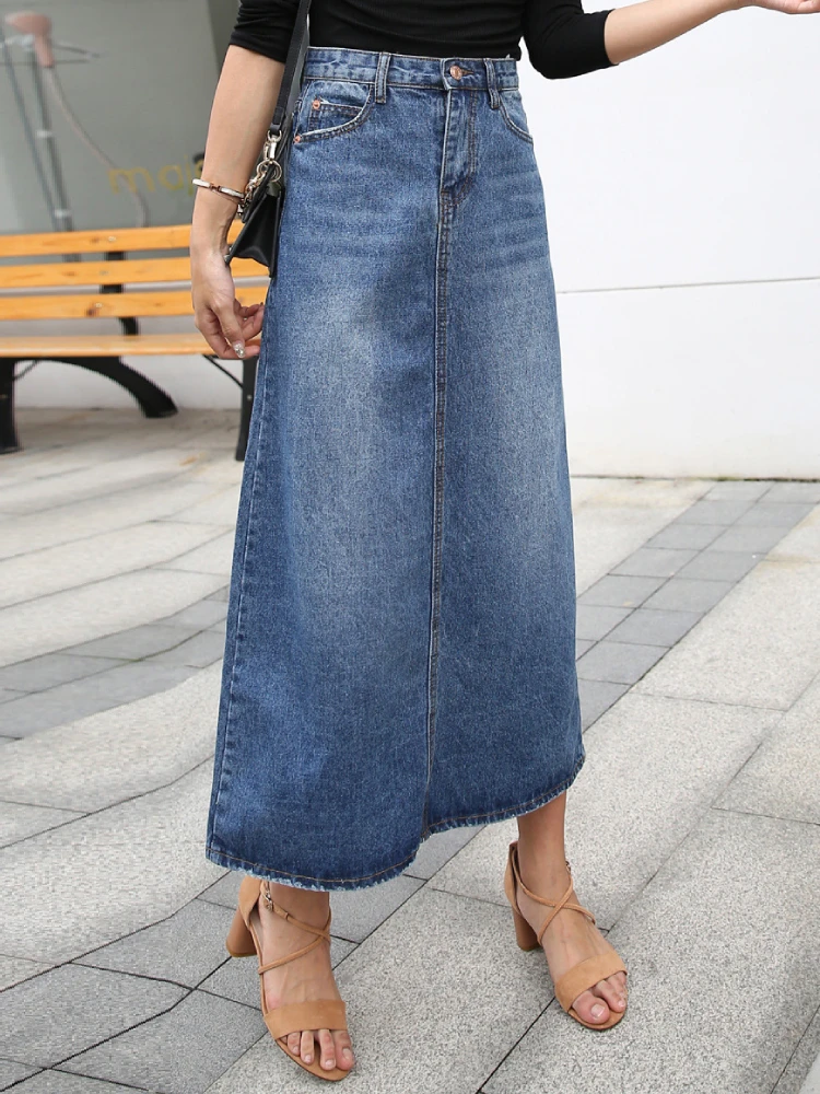 Denim Skirt Long Women Blue Solid A-line Skirts Fashion Lady Streetwear Casual Pocket High Waist Jeans Skirt Office Maxi Skirt