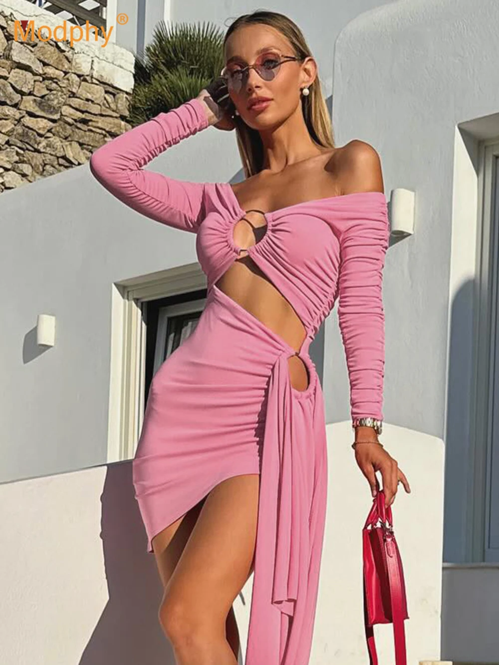 Modphy 2025 Ladies Pink Hollow Out Long Sleeved Tight Design Celebrity Club Party Evening Gown Sexy V-Neck Mini Dress