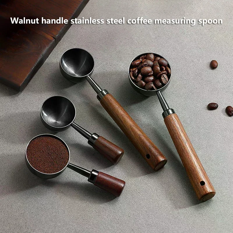 New Stainless Steel Measuring Spoon Coffee Bean Spoon 30ml Walnut Handle Coffee Powder Spoon Baking Spoon