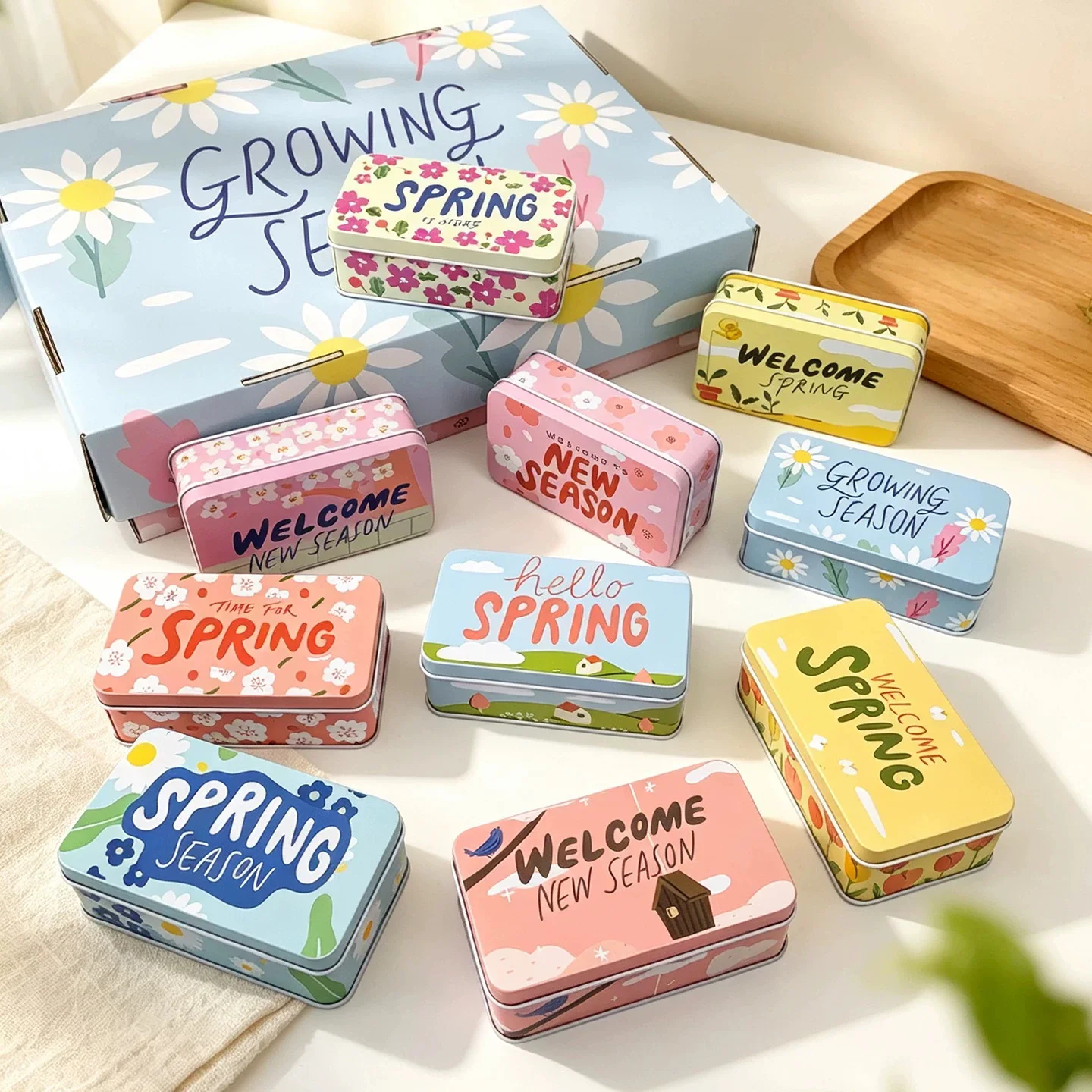 10 Pcs  Spring Flower Print Rectangular Tinplate Metal Desktop Clutter Storage Boxes  For Ornaments,Wedding Candy ,Sundry Goods
