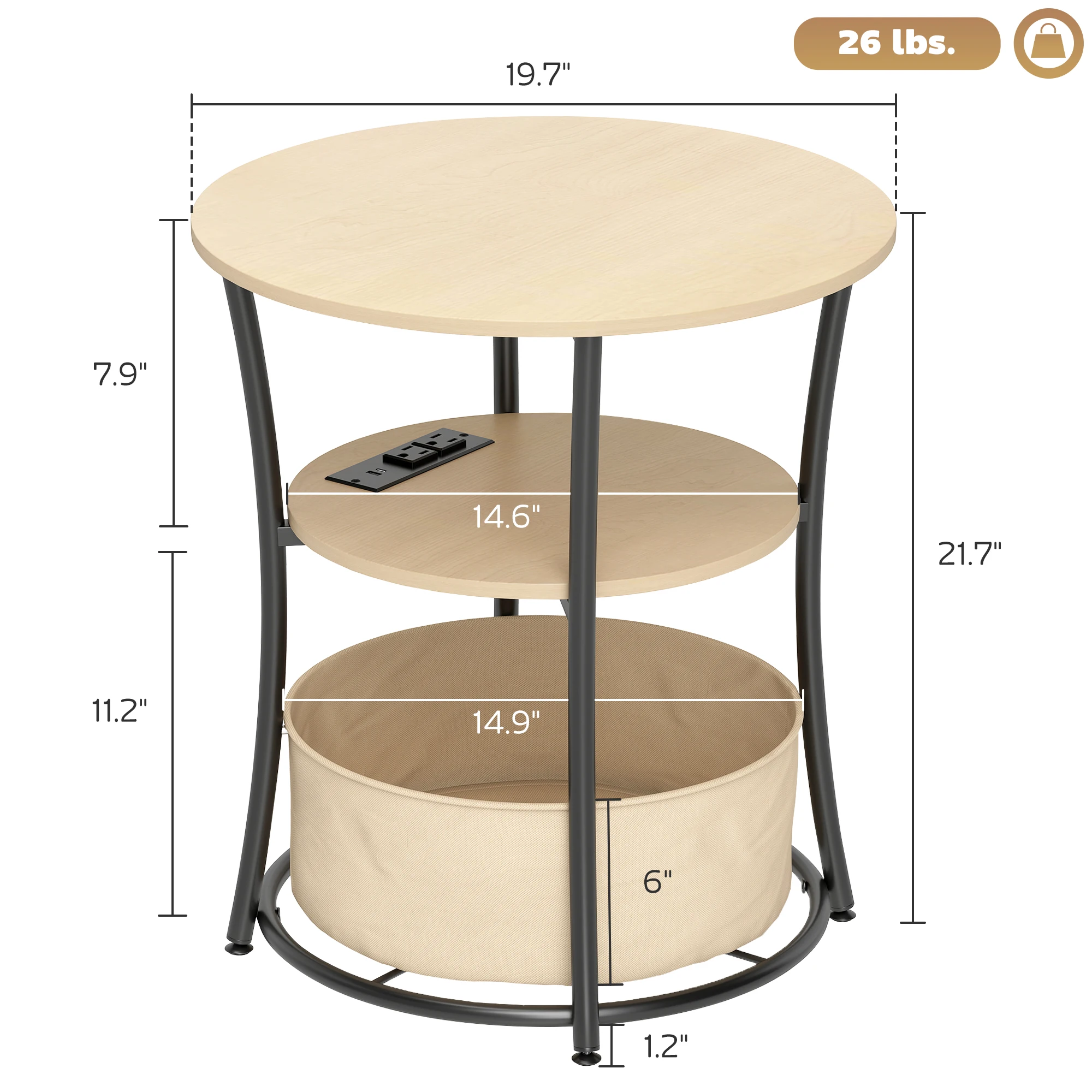 HOMCOM Round Side Table with Charging Station, 3-Tier End Table with Fabric Storage Bag, Shelf and Steel Frame for Living Room, Natural Wood image 3
