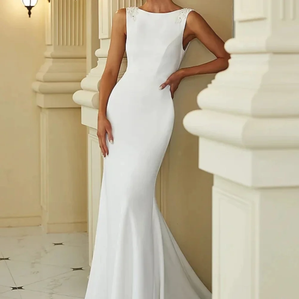 

Simple Long Ivory O Neck Spandex Wedding Dresses Sleeveless Backless Mermaid Sweep Train Vestidos Elegantes