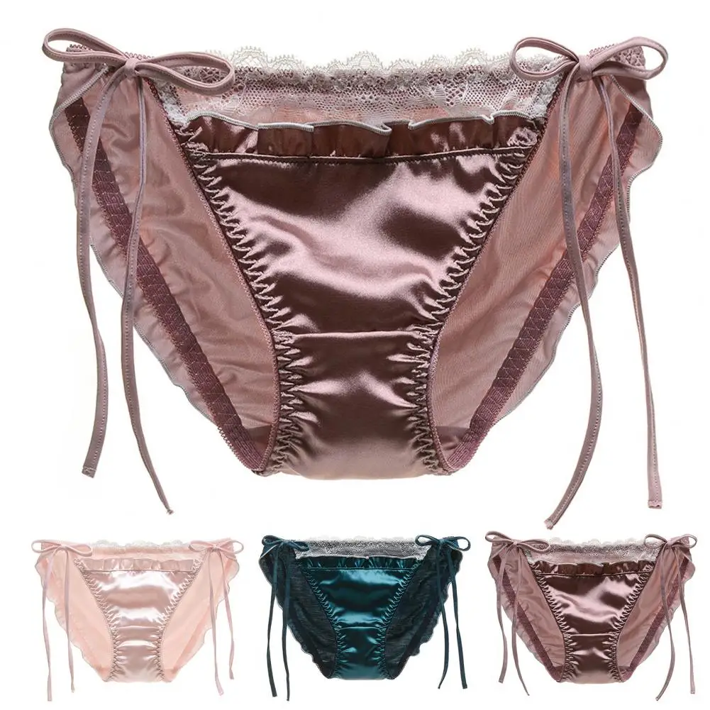 Women Panties Lace Patchwork Lace Up Seamless Satin Breathable Anti-septic Mid Waist Soft Shirring Intimate Underpants Lady Unde