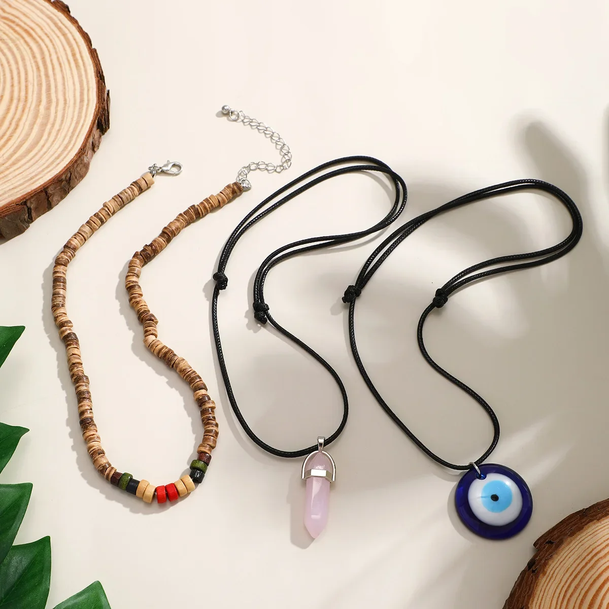 3pcs Creative Tree Natural Stone Pendant Necklace Collar for Women's Bohemian Wax Thread Beaded Necklace