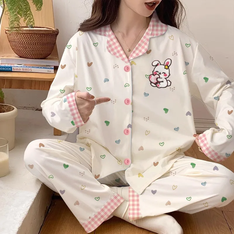 Embroidery Rabbit Love Print Pajamas for Women Korean Sweet Cute Fashion Women's Pajamas Autumn Winter New 2PC Set Sleepwear