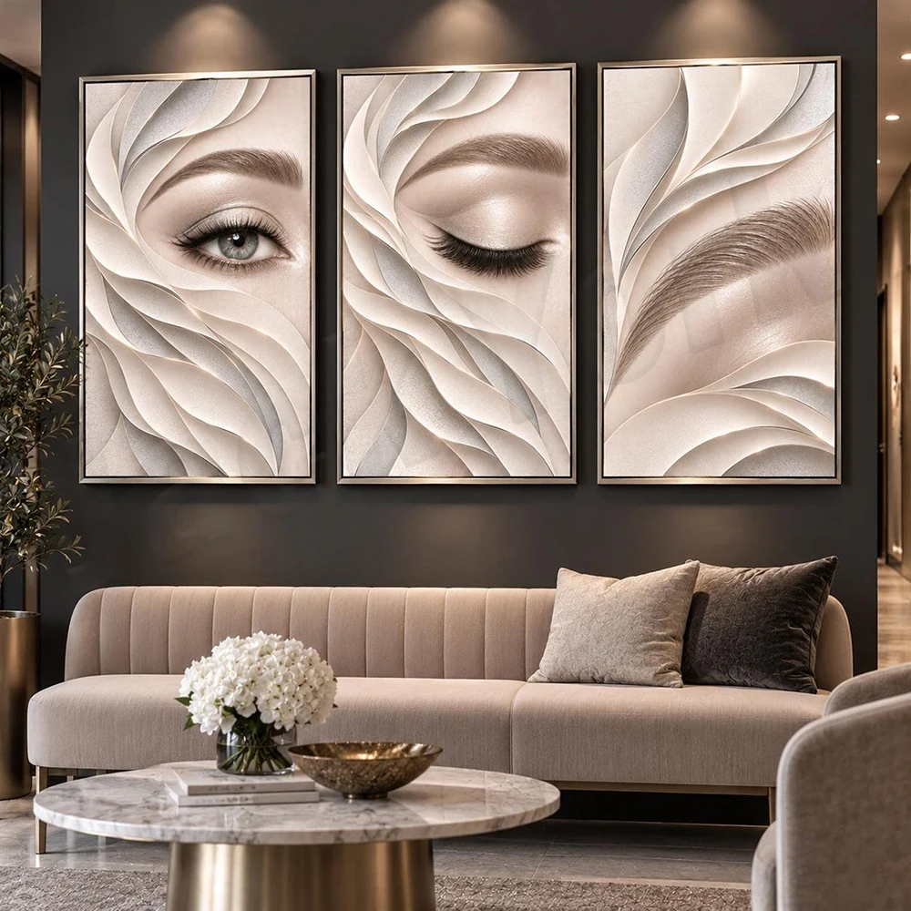 Eyelash and eyebrow styling, lip fillers, facial treatments, Botox injections, and decorative posters for aesthetic clinics.