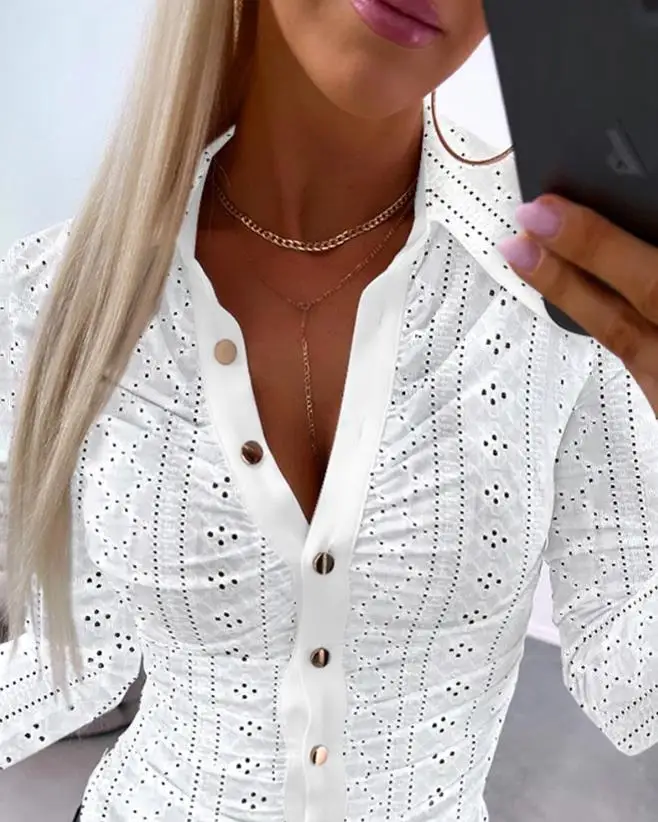 Women's Leisure T-Shirt 2024 Spring Summer Latest Elegant Style Ruched Buttoned Long Sleeve Top Turn-Down Collar Skinny Blouses