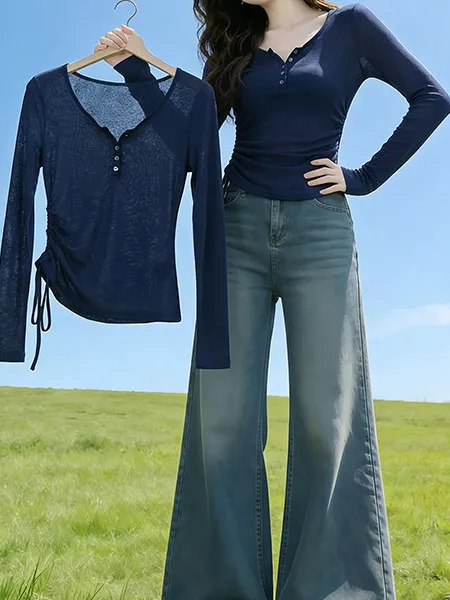 High UV Protection Korean Style Long Sleeve Knitted Cover up Sun Protection Shirt Dark Blue Drawstring Top Women's Fashion