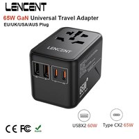 LENCENT 65W GaN Universal Travel Adapter with 2 USB Ports+ 2 Type C Fast Charging Power Adapter EU/UK/USA/AUS Plug for Travel
