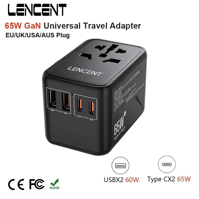 LENCENT 65W GaN Universal Travel Adapter with 2 USB Ports+ 2 Type C Fast Charging Power Adapter EU/UK/USA/AUS Plug for Travel