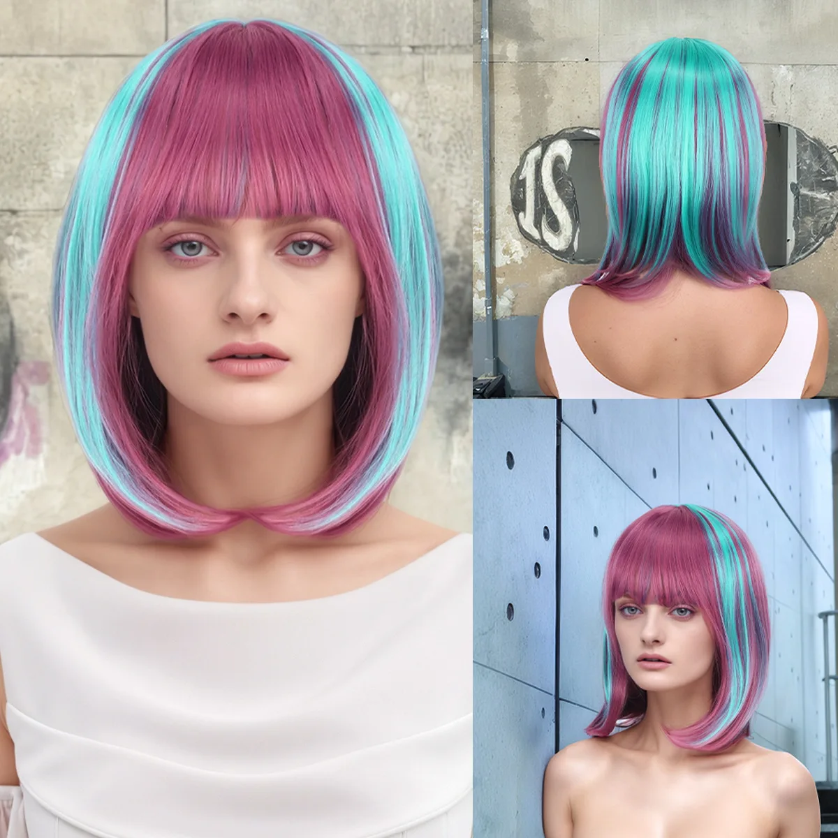 European and American wig with colorful bangs, short straight hair, bob hairstyle, cute party style