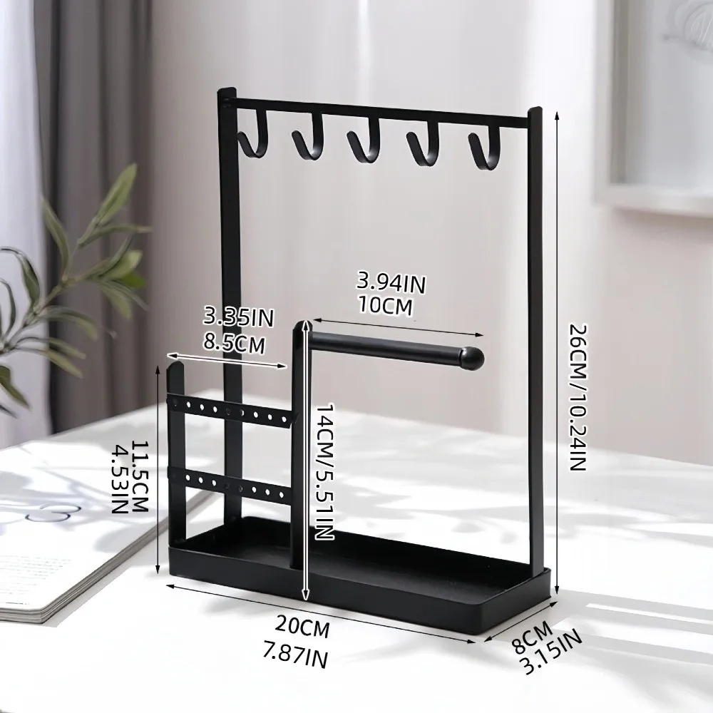 رف عرض المجوهرات المعدنية متعدد الوظائف معلق هوك قلادة تخزين الرف منظم سطح المكتب مع صينية طبق الأذن حامل مسمار