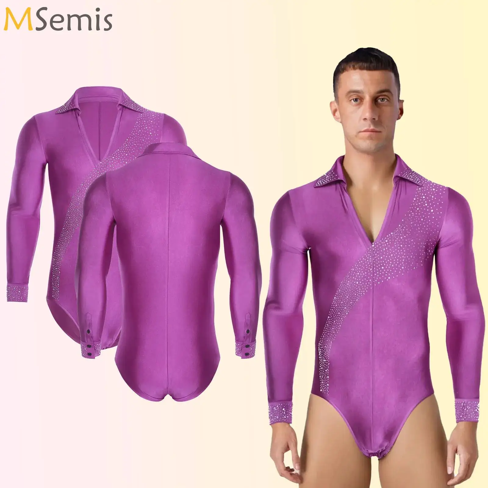 

Adults Men Latin Dance Jumpsuit Shiny Rhinestones Long Sleeve Bodysuit Modern Latin Dancewear for Competitions Dance Activities
