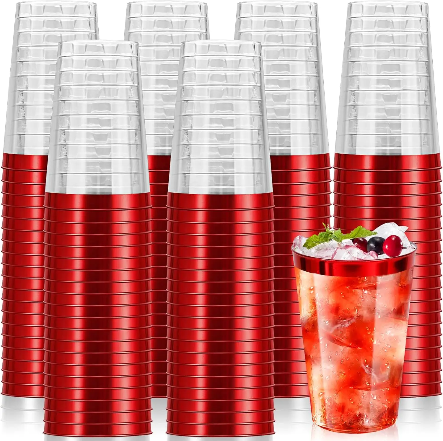

100 Pcs Red Plastic Cups,12 oz Red Rimmed Plastic Cup,Disposable Wine Glasses,Elegant Cocktail Drinking Cup, Clear Party