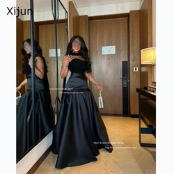 Xijun Black Satin Evening Dresses Saudi Arabric Sleeveless Long Prom Dresses Dubai Floor Length Formal Prom Gowns Women Party