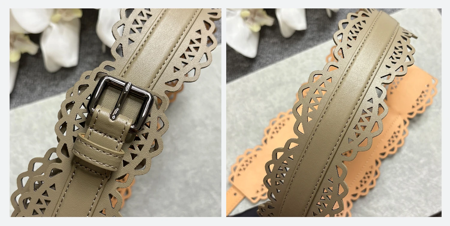 Damen-Taillengürtel im böhmischen Stil mit ausgehöhlter, geschnitzter Spitze und echtem Leder-Taillendichtung, breiter Gürtel mit olivgrüner Textur – Detail 4