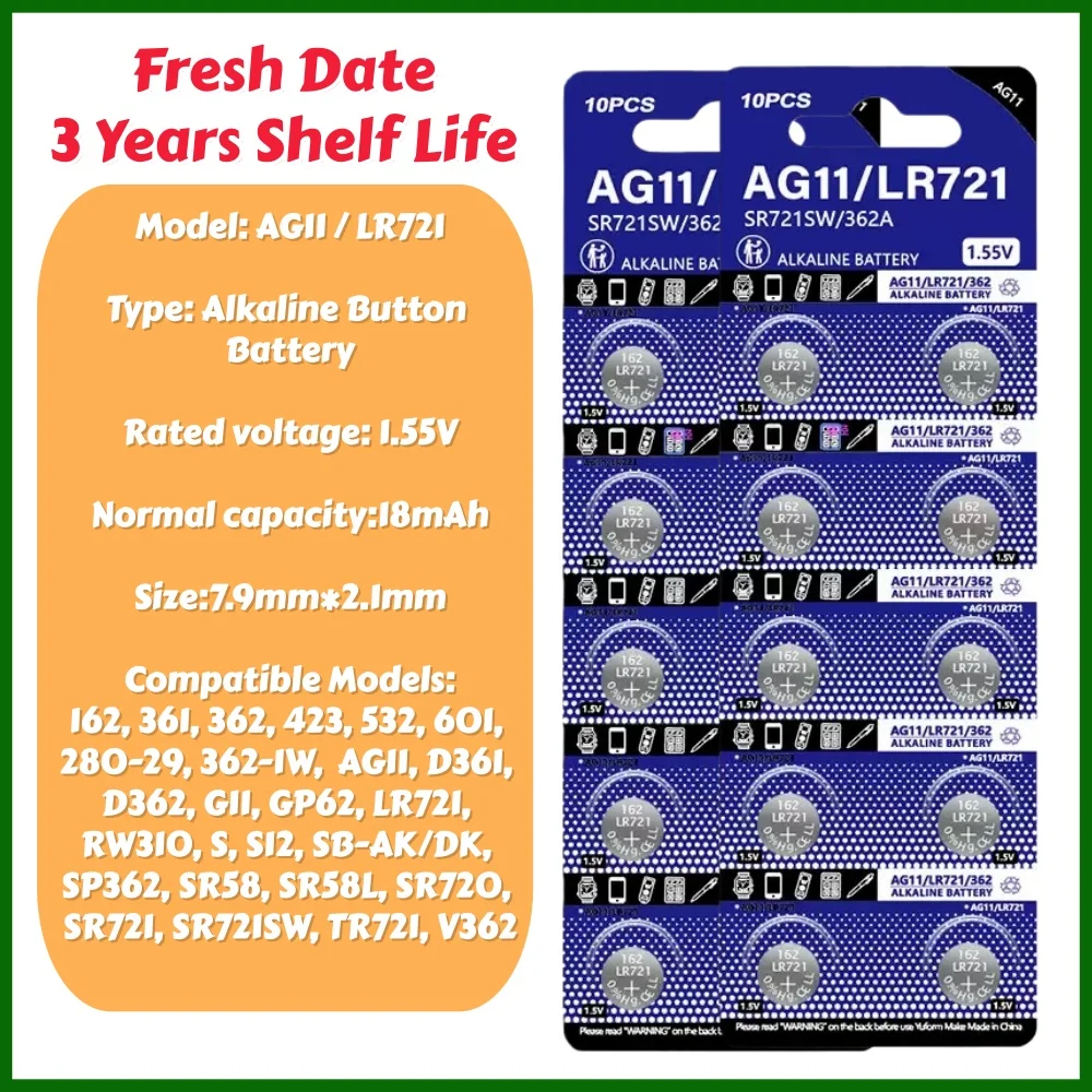 durable 10-100PCS AG11 Button Battery SG11 LR58 SR58 162 361 362 LR721 SR721  SR720 L721F Cell Coin Watch Toy Remote Battery