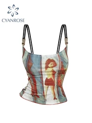 Sexy Slim Spaghetti Strap Camisole Graphic Print Tank Top Y2K Female Vintage Fashion Off Shoulder Vest Women's Crop Top Summer