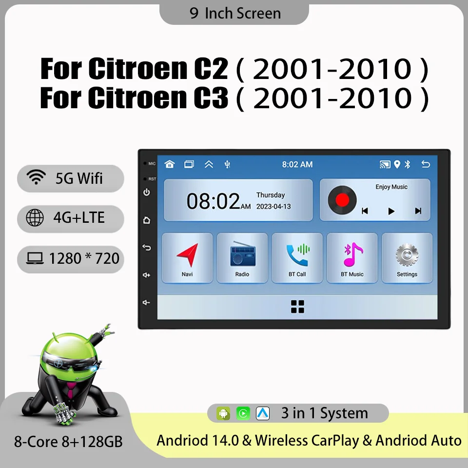 Android 14 Car Radio Multimedia Video Player for Citroen C2 C3 2001-2010  2Din 4GLte Navigation GPS Auto Stereo Wireless Carplay