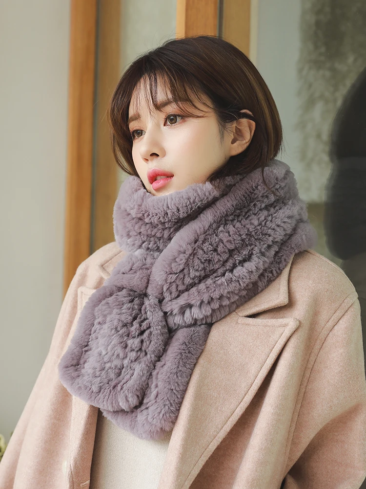 

Double Sided Rex Rabbit Fur Scarf for Female, Long Weave Neckerchief, All Match Scarf, Autumn and Winter