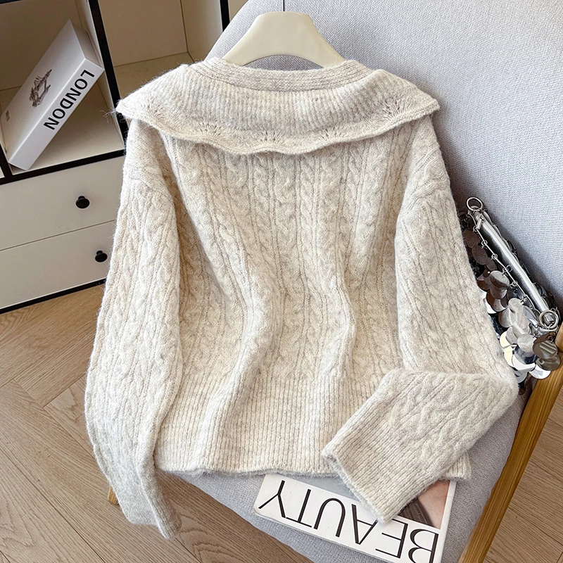 Moda coreana gola de boneca camisola mulher inverno babados arco malhas pullovers outwear malha topos bege roxo jumper feminino