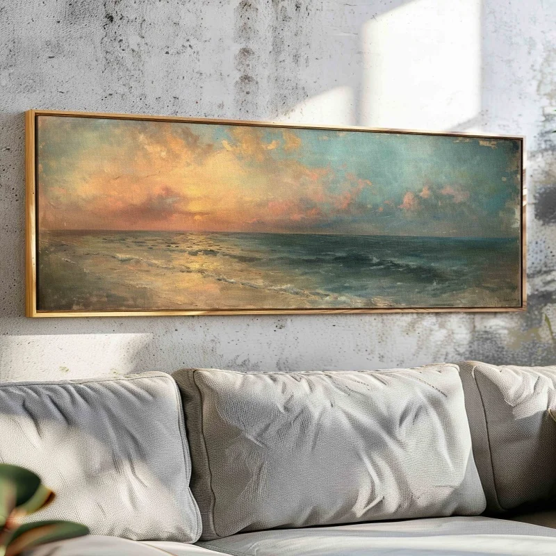 Moody Seascape Wall Canvas Art Unframed, Wide Vintage Horizontal Painting Print, Large Wall Art, Above Sofa/Bed Boho Wall Decor