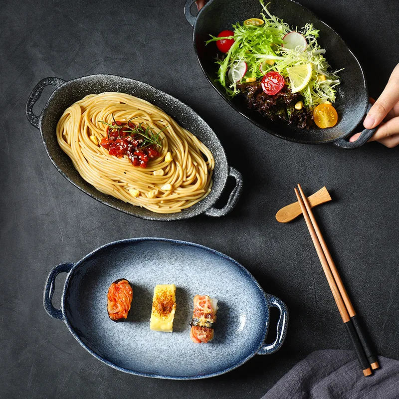 

Japanese-style ceramic baking tray, cheese baked rice tray, ear rectangular plate, tableware, fish tray, household steamed