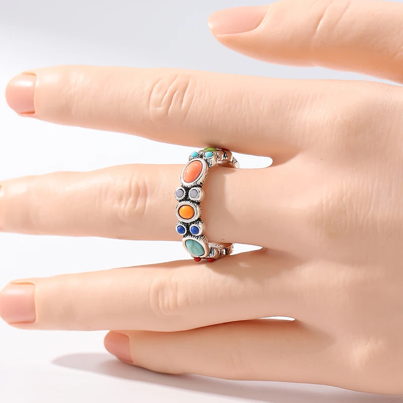 Vintage-Ring für Damen mit mehrfarbigen eingelegten Steinen, ethnische Silberfarbe, geometrisch, für den täglichen Gebrauch, Partyschmuck, Jubiläumsgeschenk – Detail 4