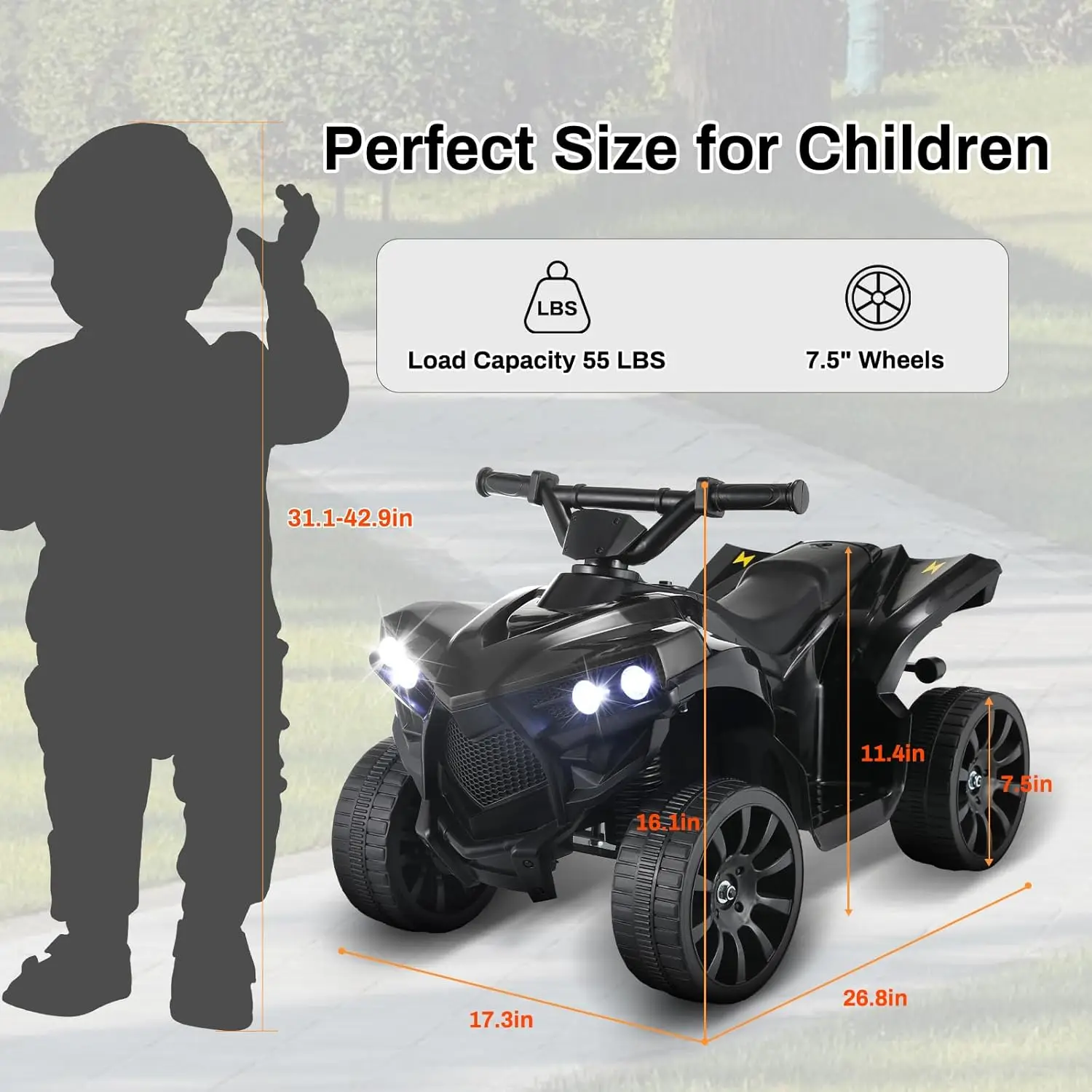 Kinder fahren auf ATV, elektrisches Gelände-Quad-Auto, 6 V, batteriebetrieben, mit Musik, Licht, Schwarz