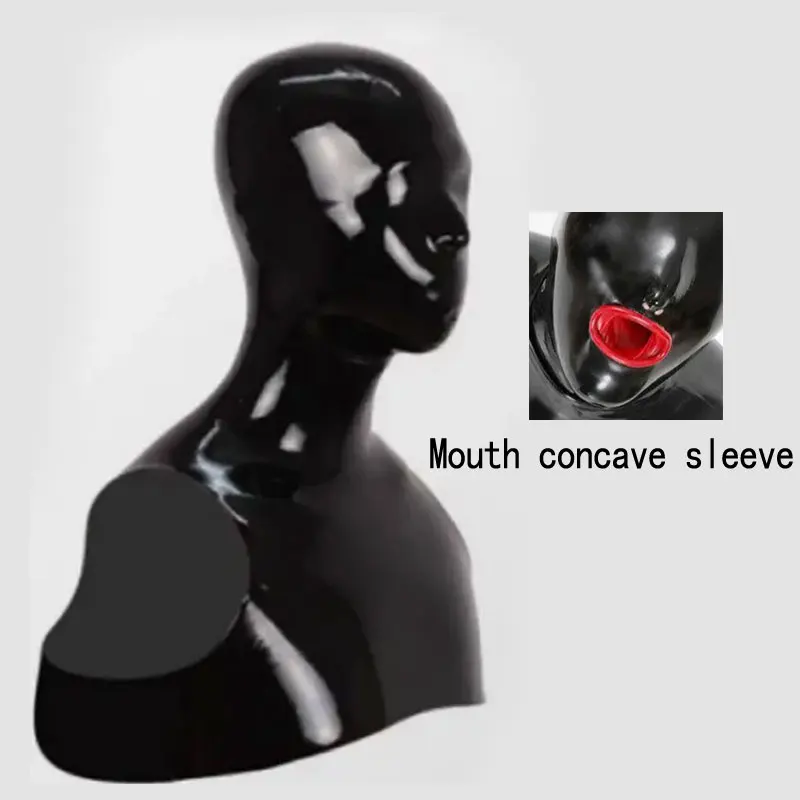 Sexy latex hood rubber fetish mask with Red Teeth Gag and 15cm long Nasal Tubes Latex Mask Full Face Exotic lingerie