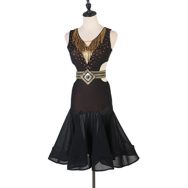 مثير عارية الذراعين اللاتينية فستان رقص المرأة السوداء الخامس الرقبة فساتين السامبا سامبا تشا تشا أزياء رقص الكبار أداء Dancewear 4248