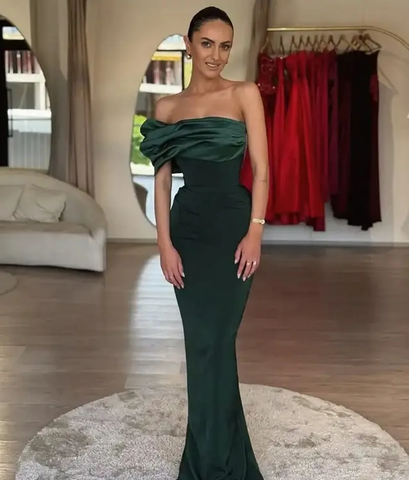

Elegant Drak Green Mermaid Evening Formal Dress One Shoulder Pleat Satin Silt Prom Pageant Party Gowns Robe De Soiree