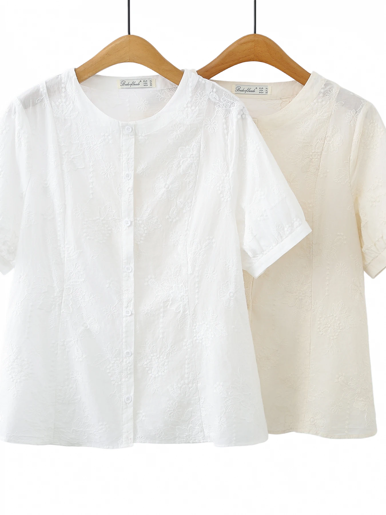 

Korean Simple Style Short Sleeve Embroidered Shirt Large Size Women Summer Versatile round Neck Floral Pure Color Top
