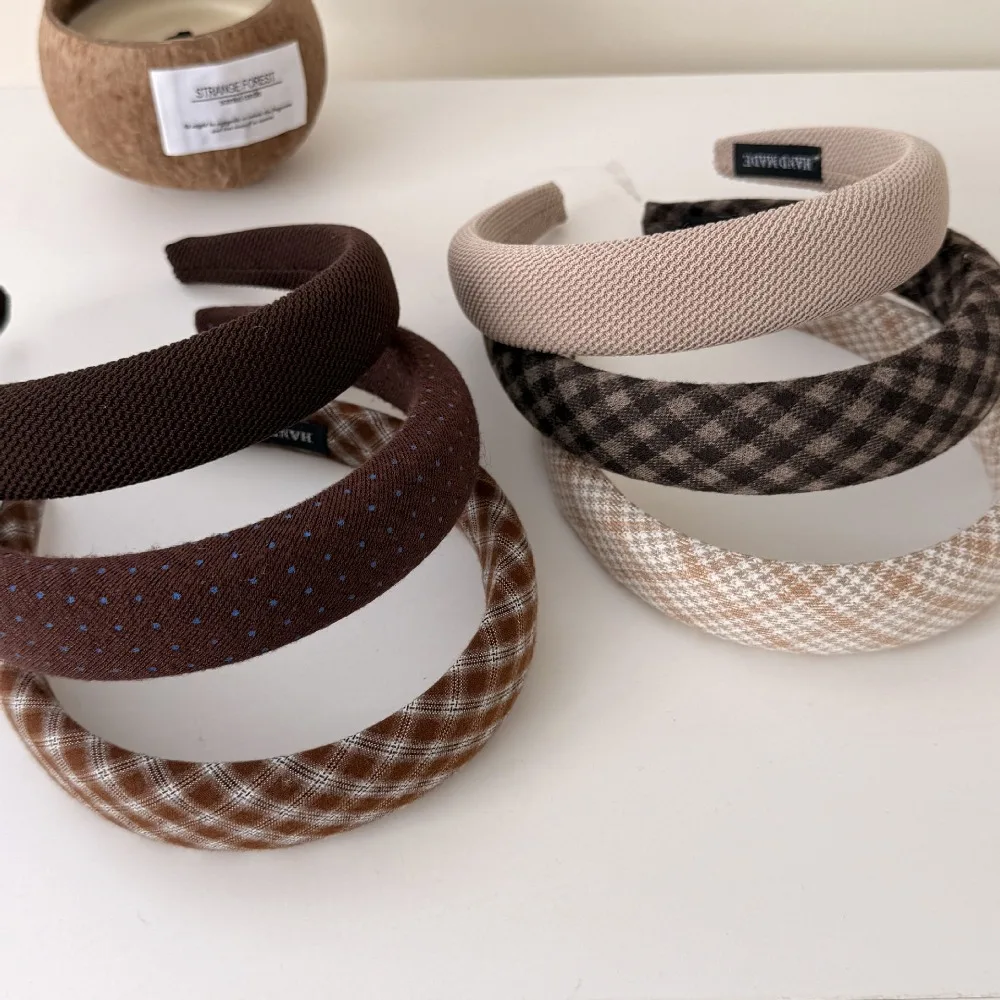 Autumn Warm Maroon Thick Padded Headbands Wide Vintage Plaid Hair Hoop Comfy & Non-slip Hairband Women's High Crown Headpiece