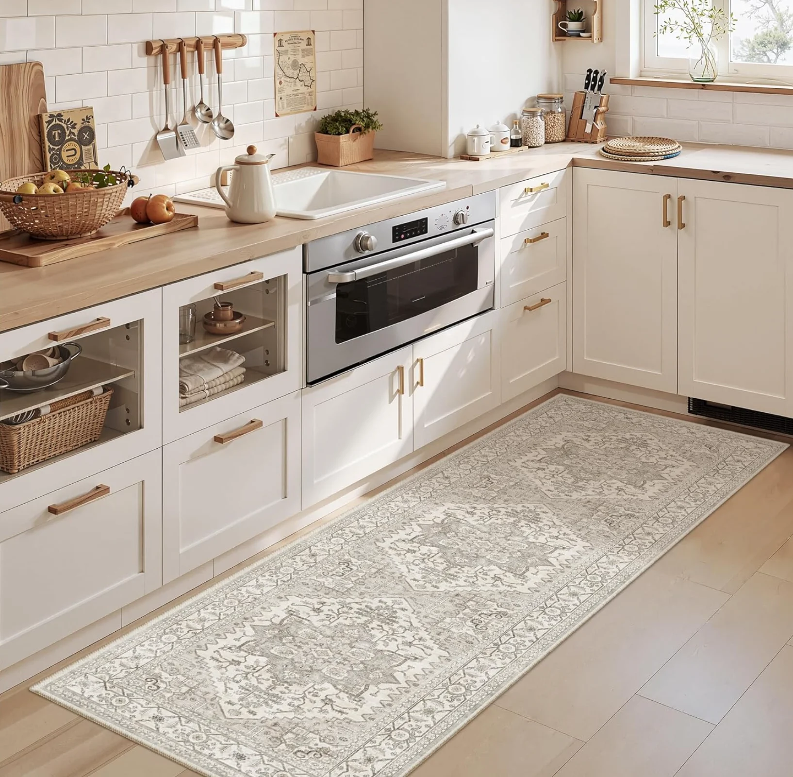 Multi-scene Long Runner Rug Non-slip Waterproof Retro Pattern Floor Mat for Kitchen Laundry Room Corridor Home Decor