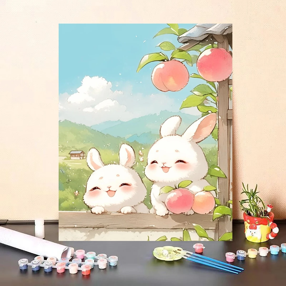 Oil Painting Kawaii Animal Rabbits Peach Tree By Numbers Modern Wall Decor for Living Room Bedroom Perfect Gift No Frame