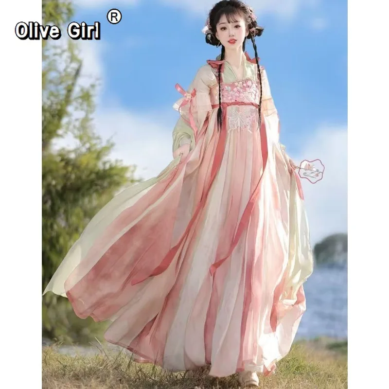

Olivegirl Ханьфу с вышивкой цветами, женское традиционное китайское платье, костюм для косплея в стиле древней феи, розовое платье 2026 для танцев