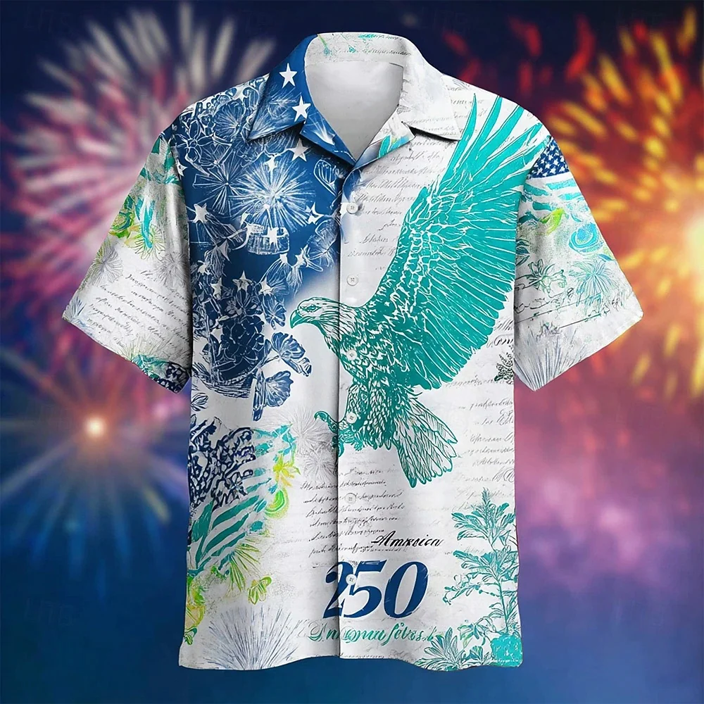 Men's plus Size Short Sleeved Shirt 250th Anniversary Lapel Button up for Street Leisure United States Style