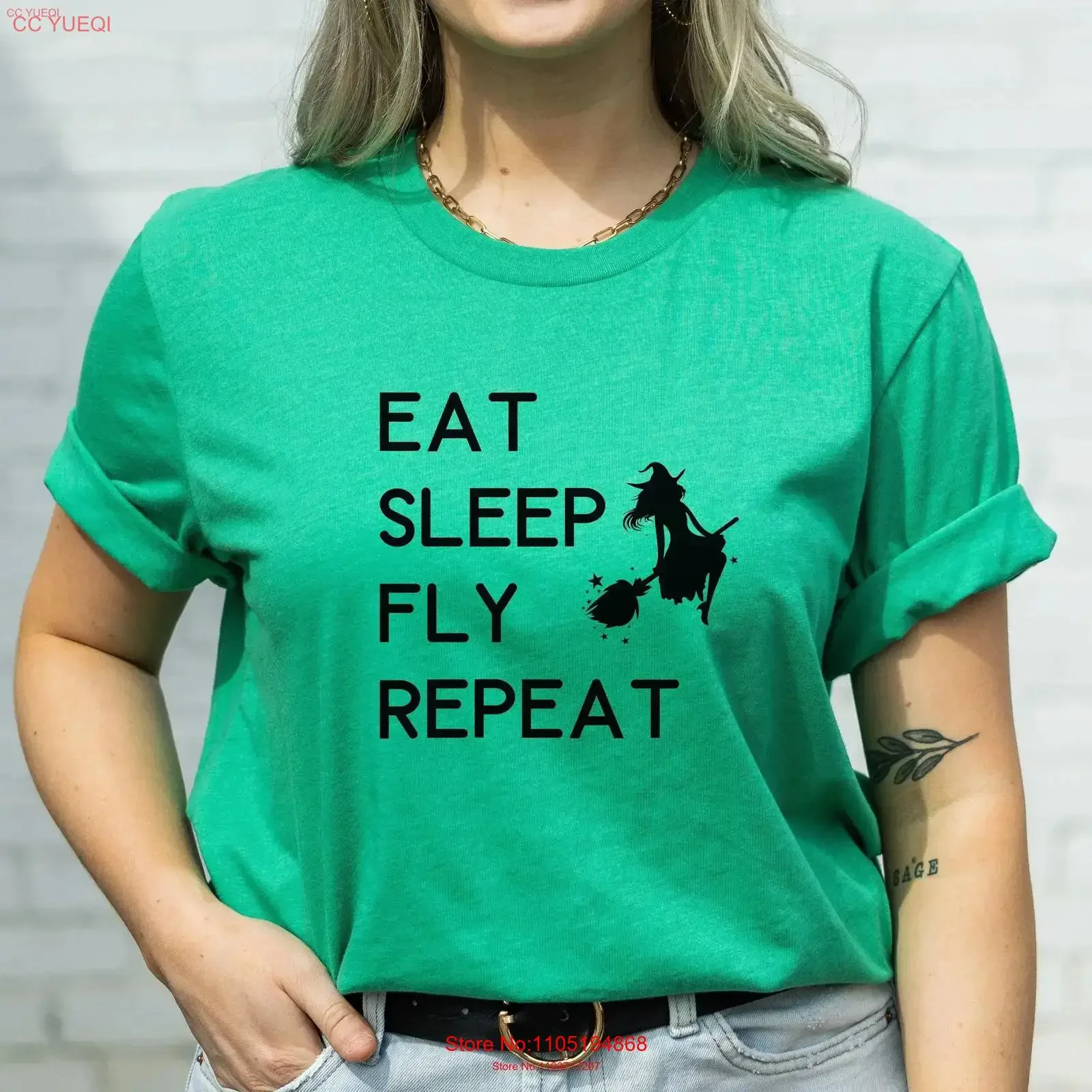 

Футболка Eat Sleep FLY Повторите любовь к футболку Женская футболка ведьмы для летания в жизни Хэллоуин винтажная стираная повседневная растянутая удобная